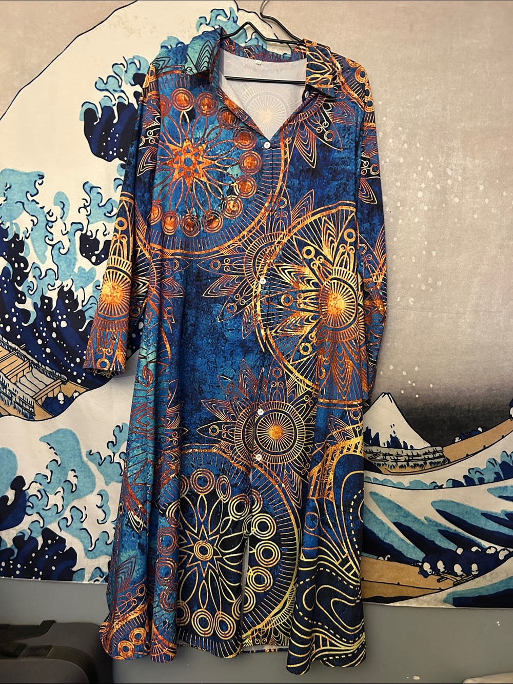 Women's Blue & Gold Printed Long-Sleeve Collared Dress